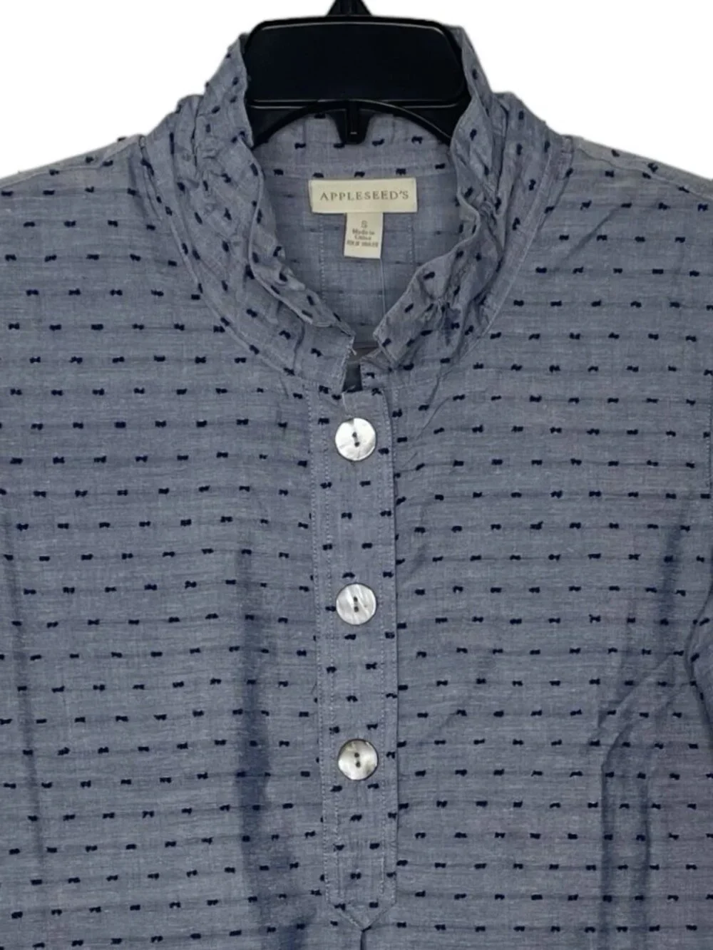 Appleseed's Womens Tunic Size Small Clip-Dot Ruffled Collar 3/4 Sleeve Side Slit - Picture 2 of 6